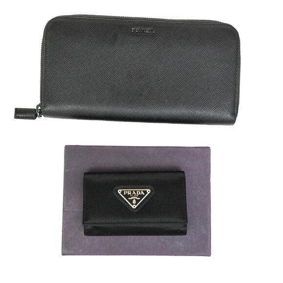 PRADA 2 Set Long Zipper Wallet 6 Hooks Key Case Satin Leather Black 02EE896 - Picture 1 of 14